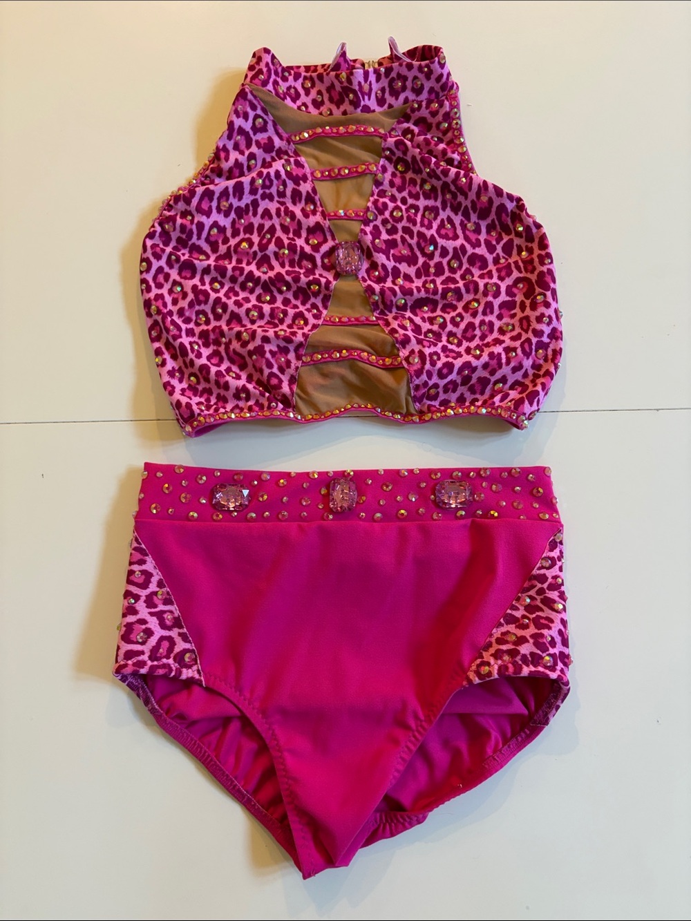 Girls Pink Leopard Dance Costume Set with Jewel Accents